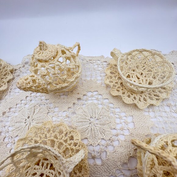 Handmade Crochet 3 Teapots and 3 Tea Cups with Saucers and Doily Set Starched - Picture 5 of 15